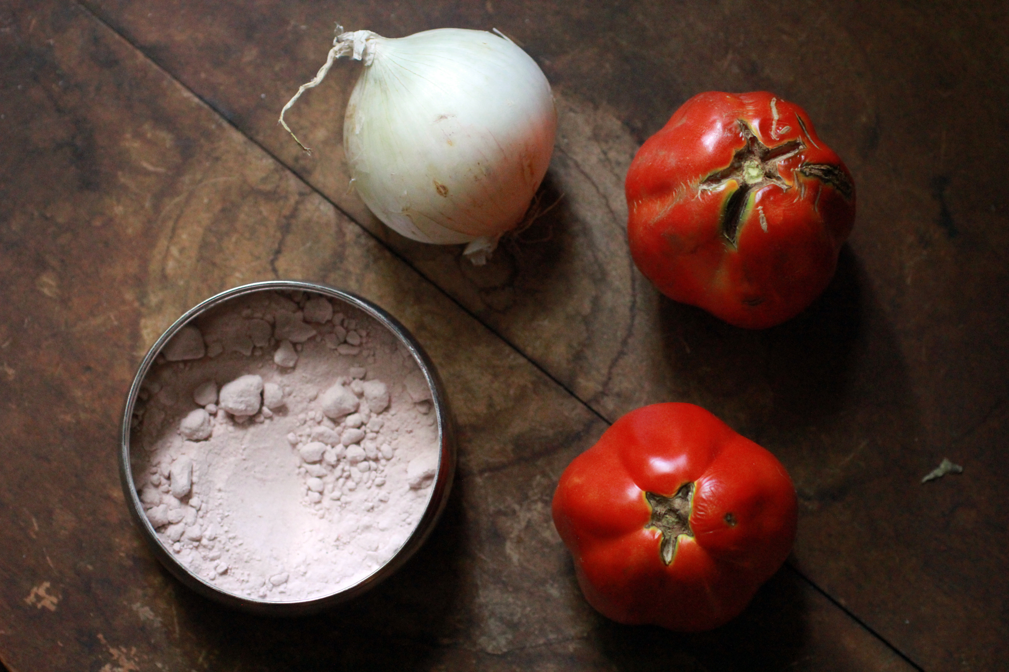 tomatoes, onion and rock salt