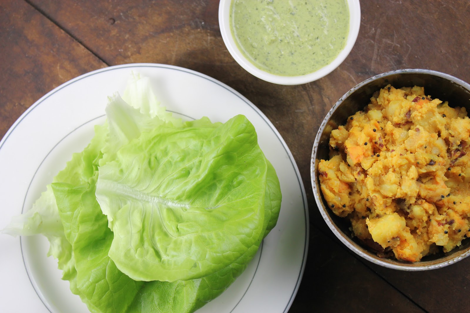 butter lettuce, potato curry and coconut chutney