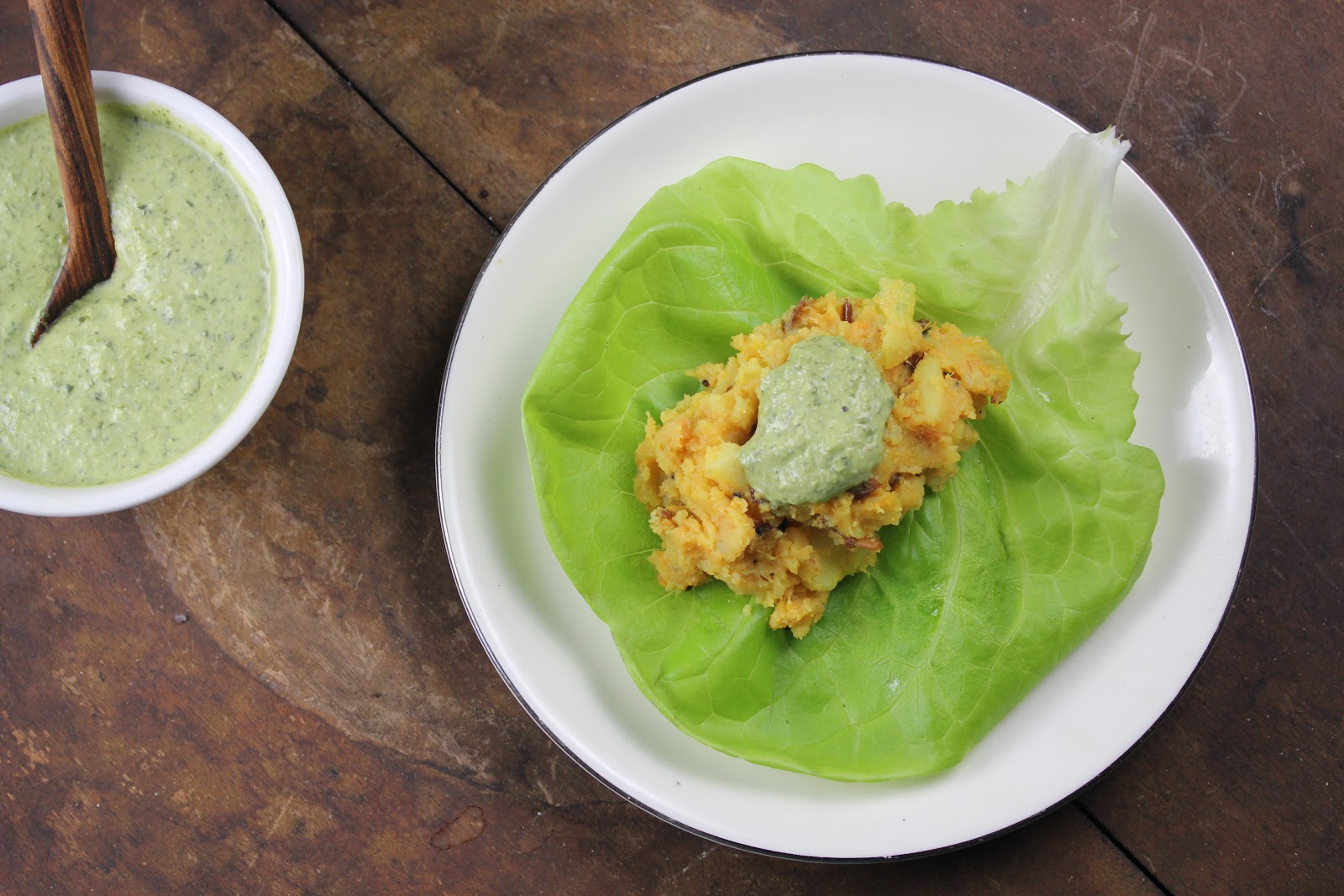 butter lettuce filled with potato dosa filling and coconut chutney