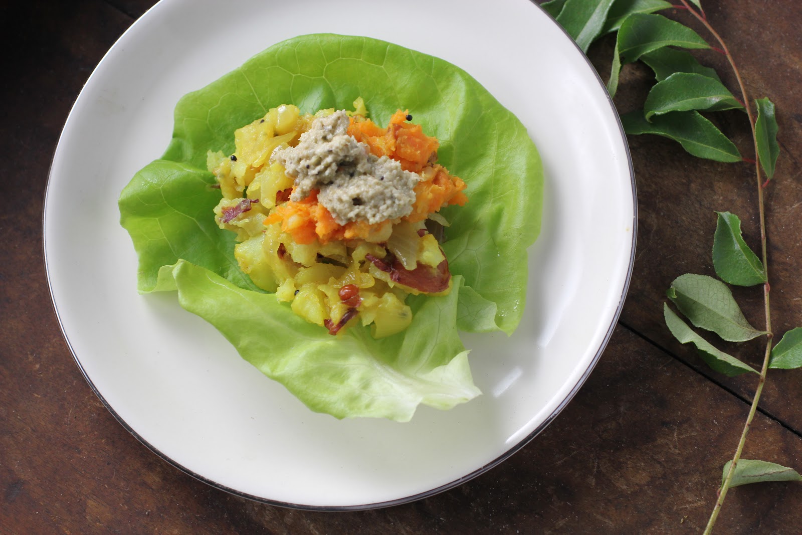butter lettuce filled with South Indian potato curry and coconut chutney
