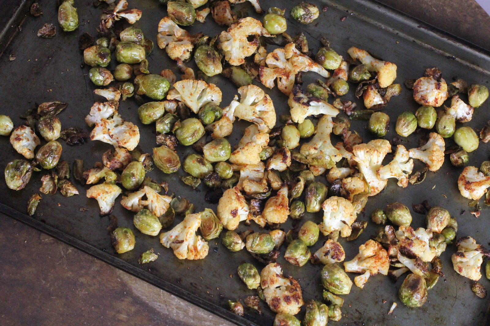 vangi baath roasted brussels sprouts and cauliflower