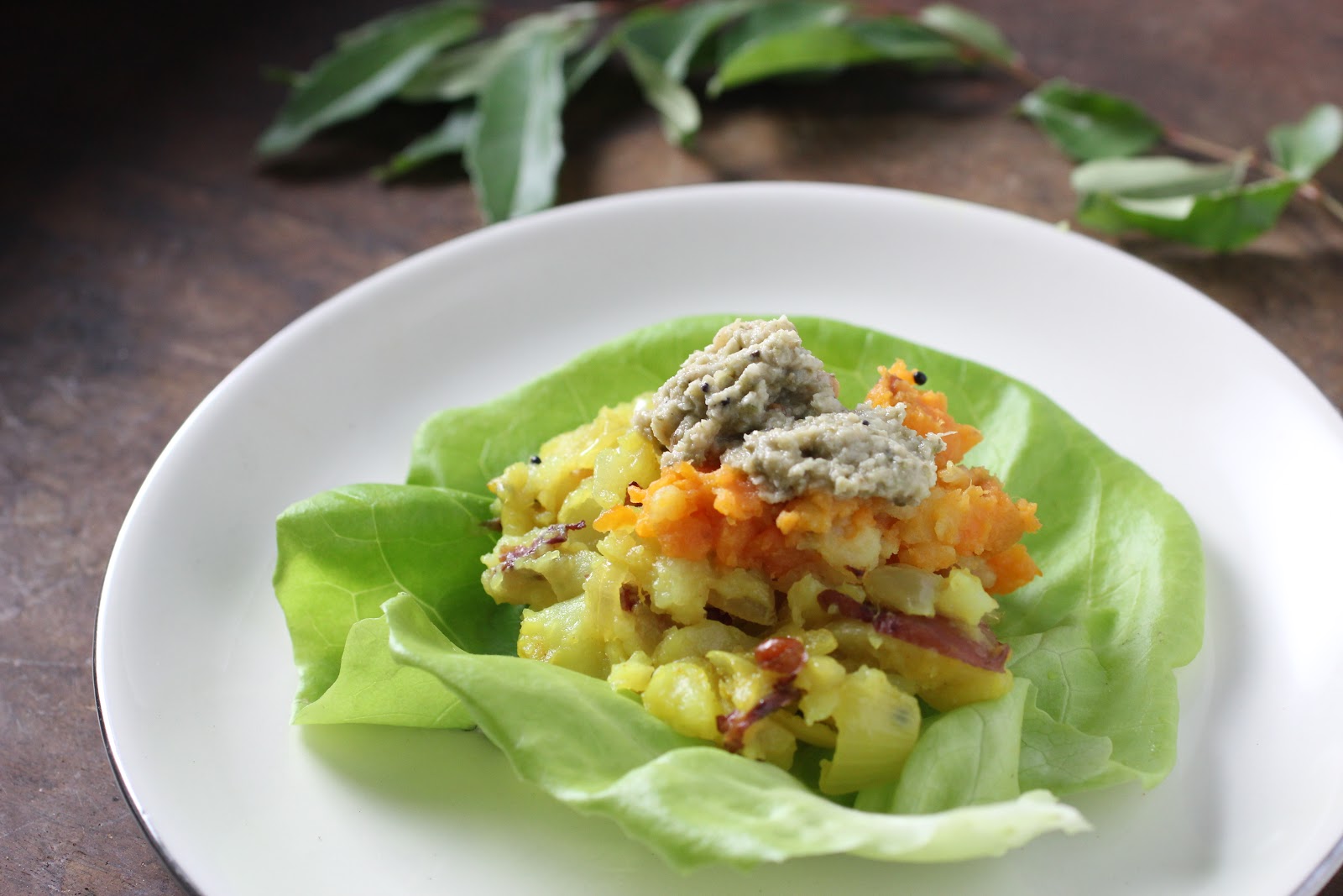 butter lettuce filled with South Indian potato curry and coconut chutney
